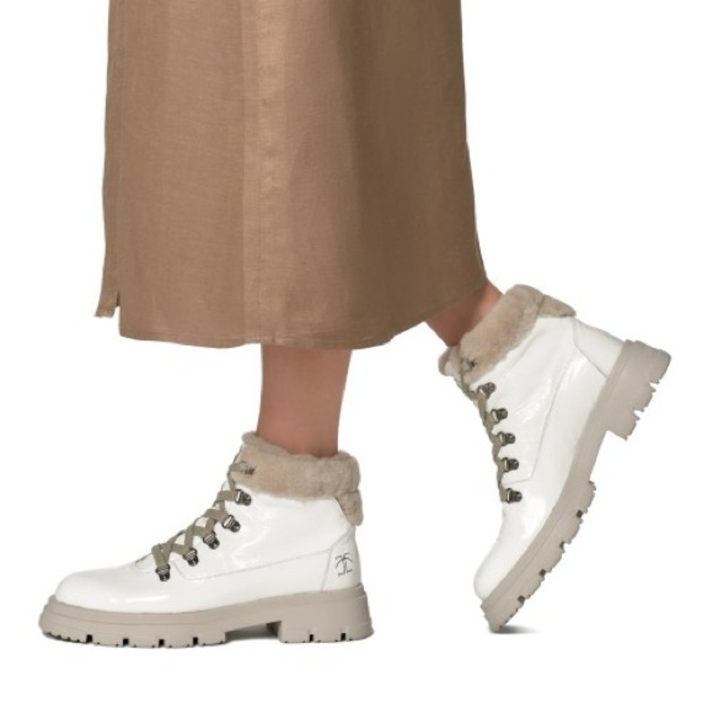 Candice Cooper Chado Patent Leather and Shearling Boots in White, size 10.5 - 11